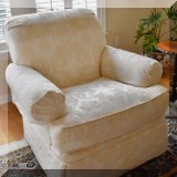 F02. Pair of Henredon damask club chairs. 37”h x 38”w x 42”d 